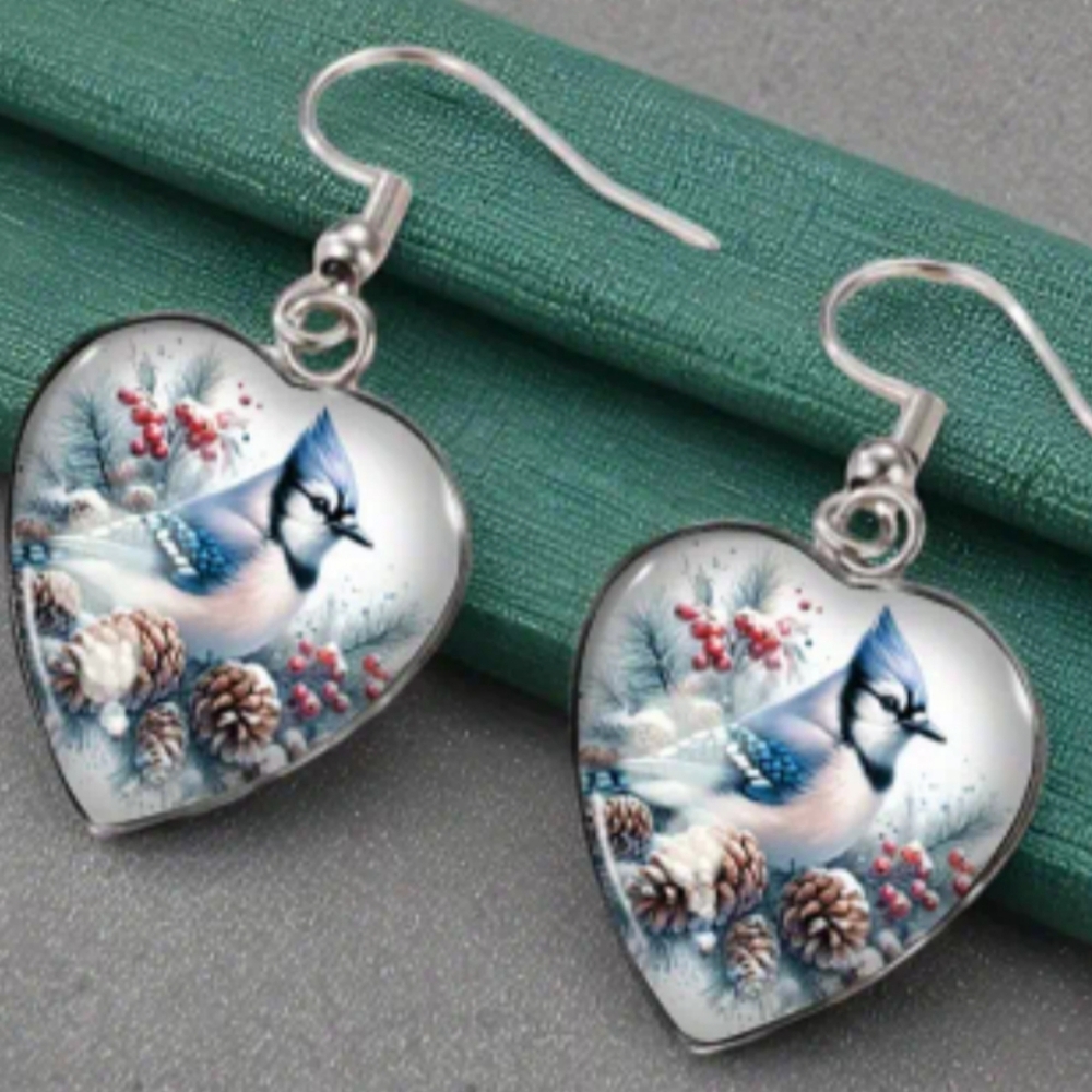 christmas fall bird Heart-Shaped Blue Silver crystal glass dangling GiftEarrings